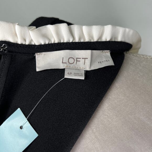 Loft Dress Black 4P Petite Stretch LBD Ruffle Neck LS New - Picture 14 of 14